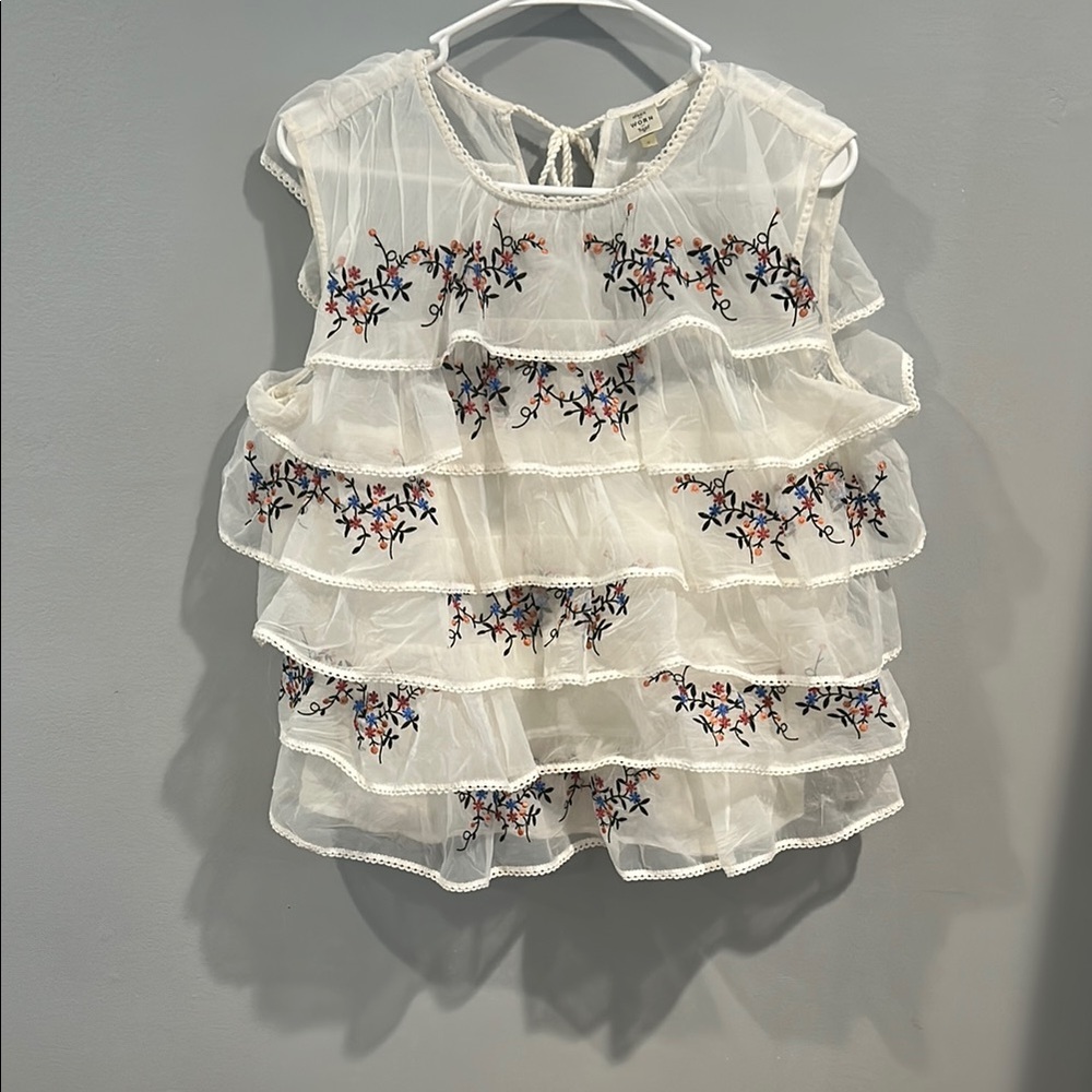 Floral Embroidered White Ruffle Top